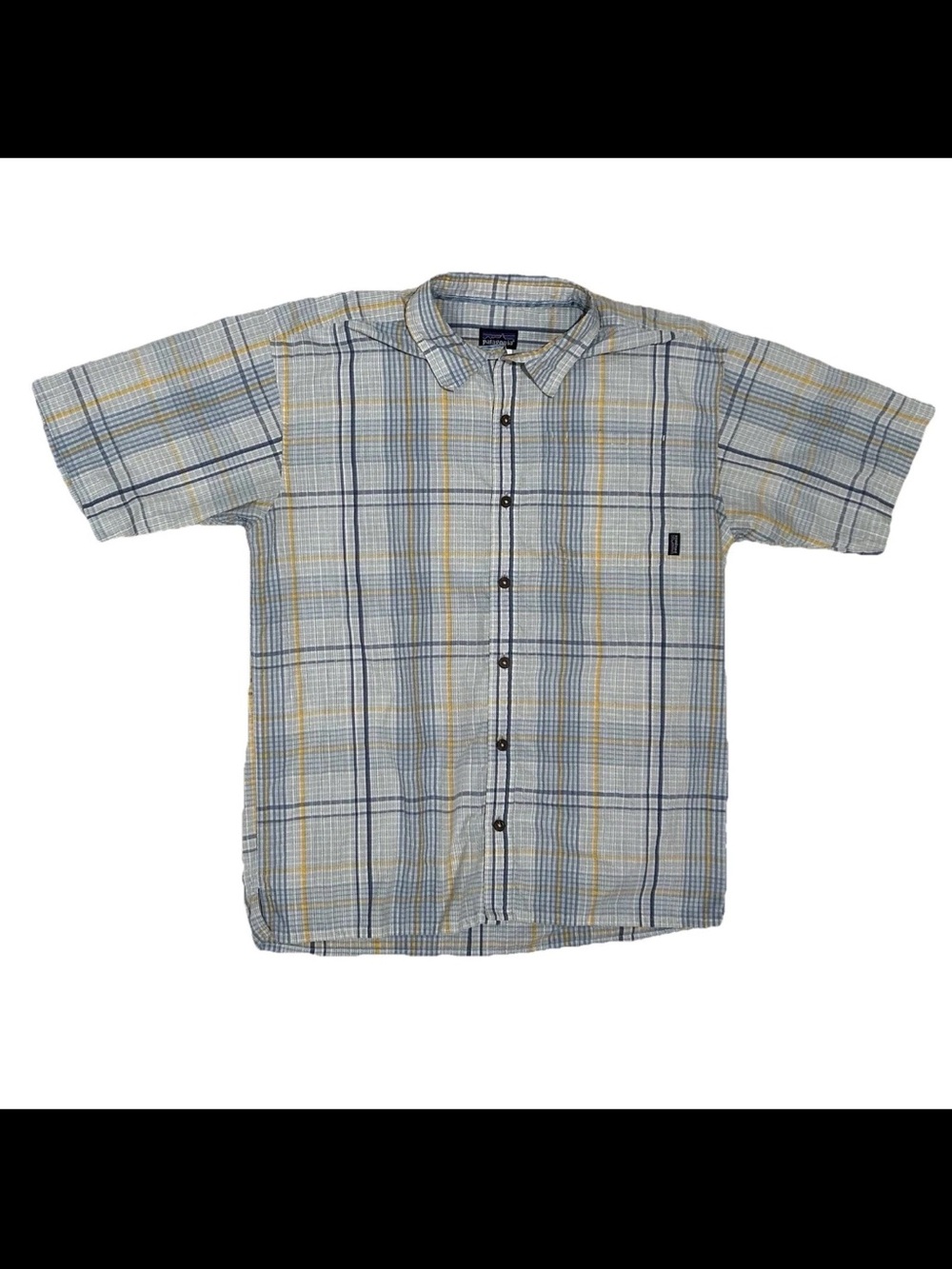Patagonia Short Sleeve Button Down Mens Medium Blue Yellow Plaid Hiking Vintage
